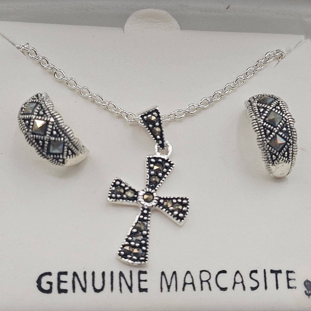 Marcasite Cross Necklace &‎ Hoop Earring Set Silver Tone Vintage Religious